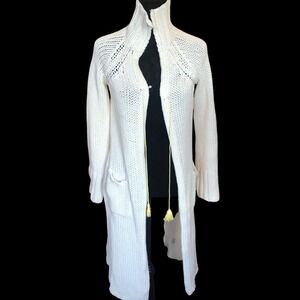 J Crew Ivory Cozy Cable Knit Long Line Cardigan‎ Sweater with Tassle Tie 2000s S